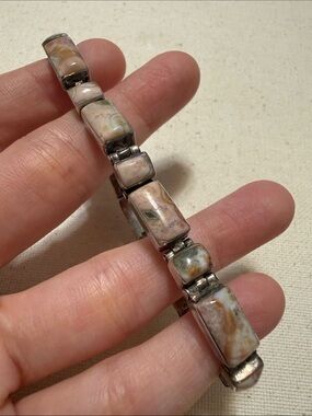Lovely Sterling Silver 950 Pink Jasper Link Bracelet Tight 8’ inch